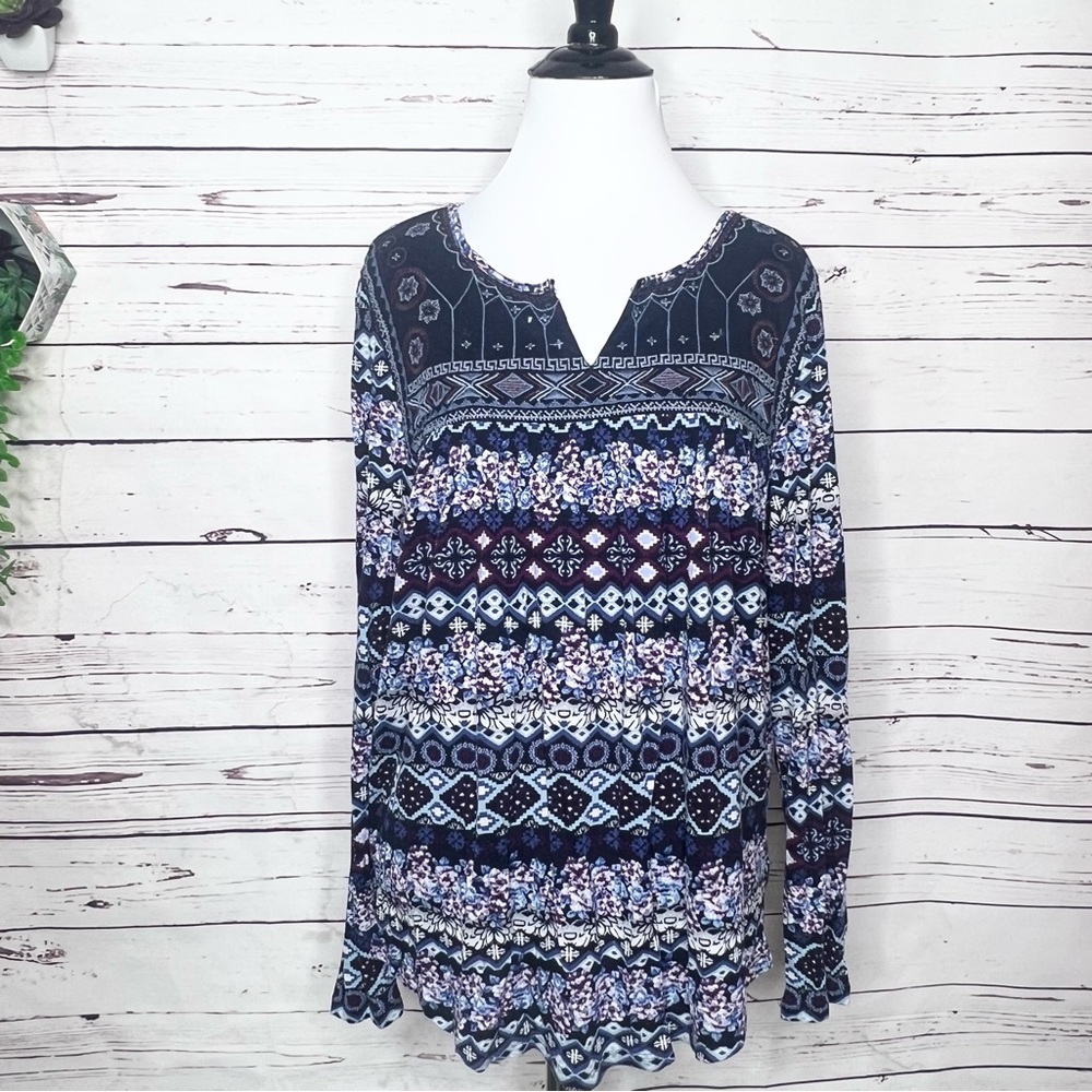 Vintage America Navy Blue & Purple Boho Tunic Top Size Medium